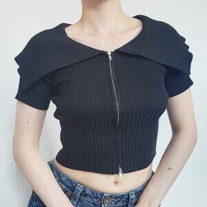 Japanese Gothic black zip-up top with big bat collar